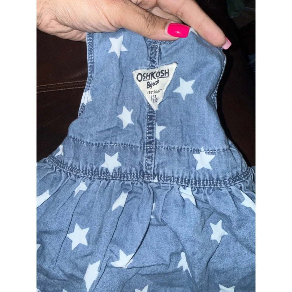 OshKosh Bgosh Baby Girls Blue Denim Star Print Overall Dress Jumper 6M
